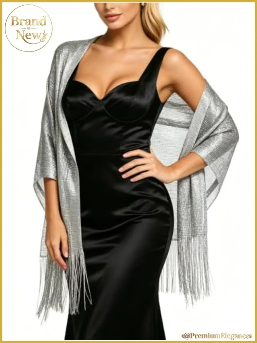 Metallic Fringe Pashmina Shawl Wrap Light Evening Wedding Scarf for Women